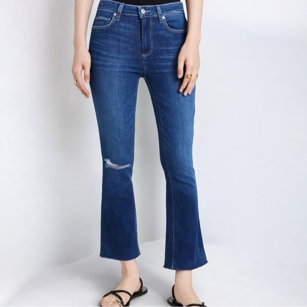 Paige Colette Crop Flare Jeans in Hydrangea Destructed Raw Hem Distressed Sz 28